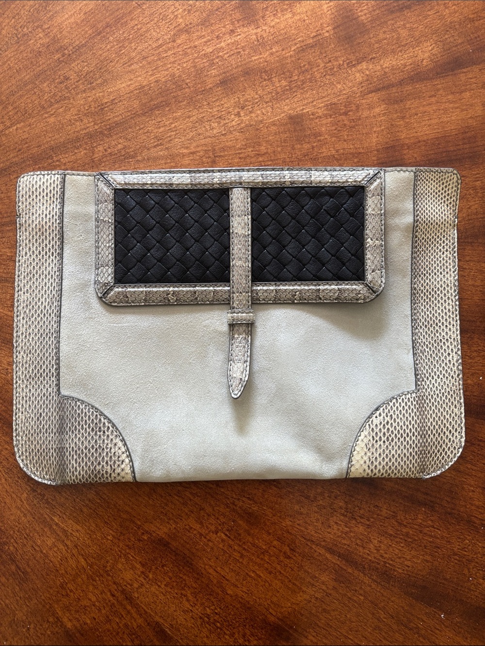 Authentic Bottega Veneta Clutch Pouch Bag Crocodile Leather, woven leather suede
